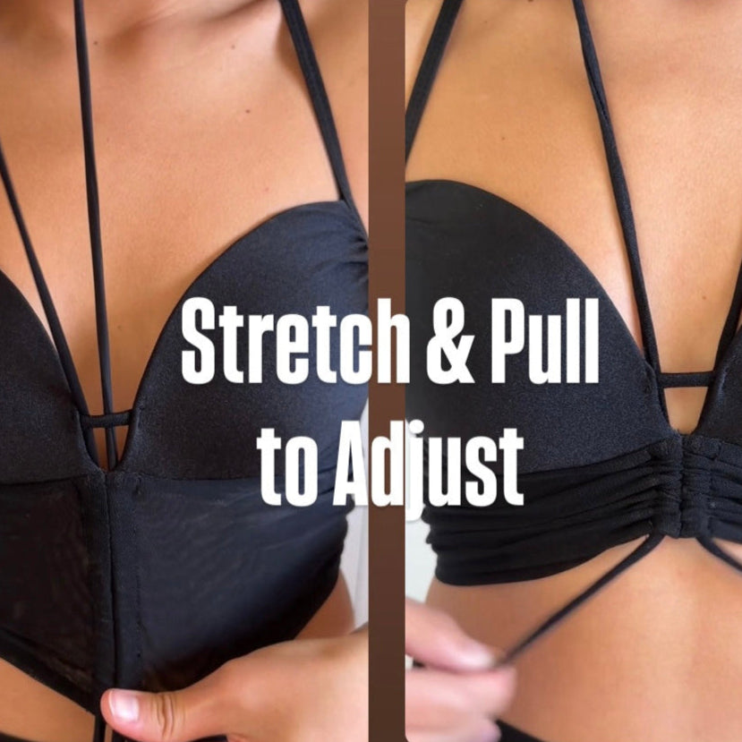 Black bra with text 'Stretch & Pull to Adjust' on a neutral background