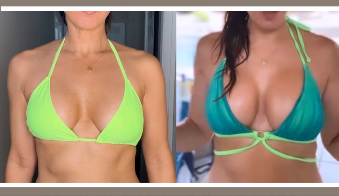 Two women wearing green bikinis with text about push-up features.
