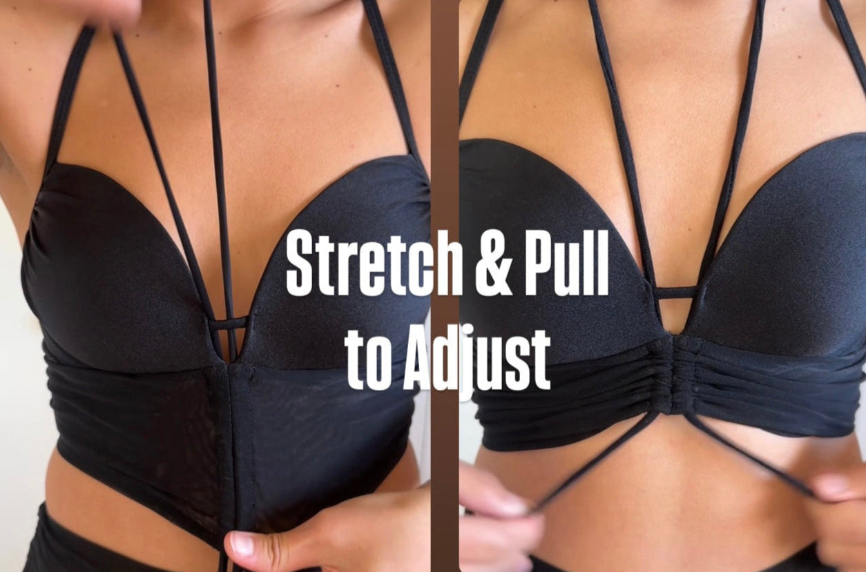 Black bra with text 'Stretch & Pull to Adjust' on a neutral background